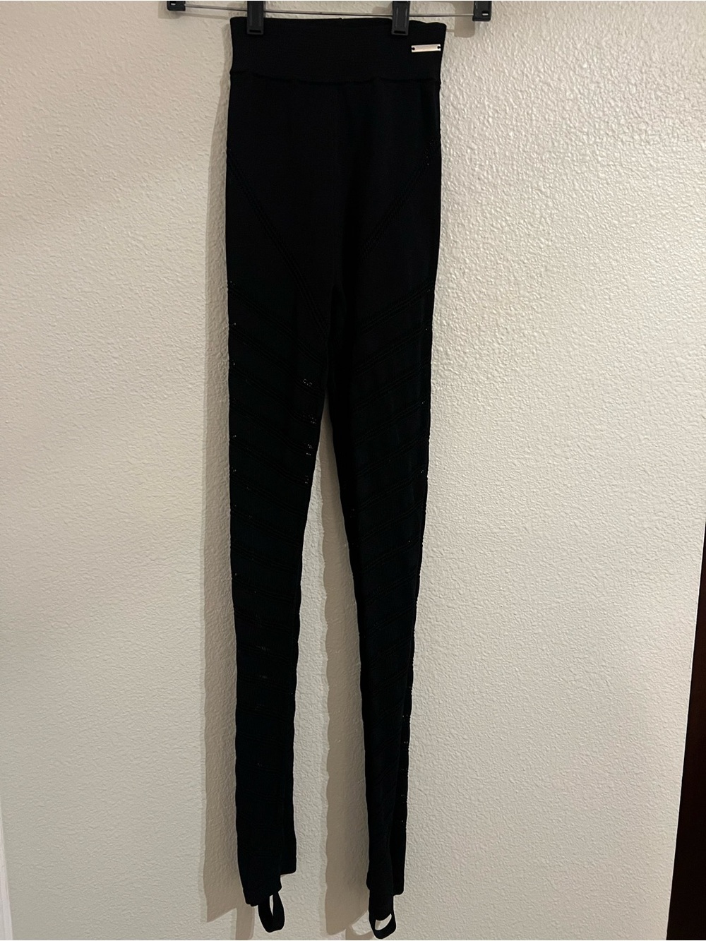 Maniere De Voir Black Ribbed Knit Leggings with Metal Logo Plate